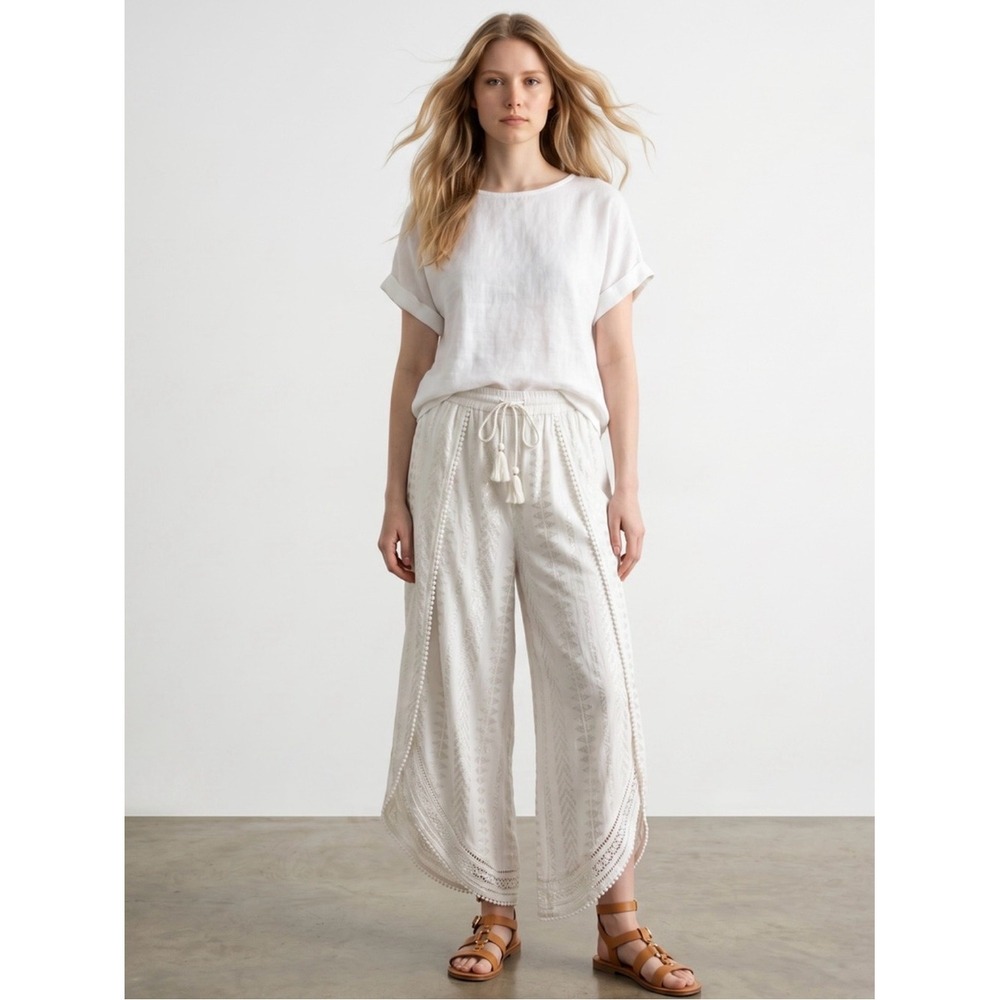 La Isla Bonita White Silver Metallic Wide Leg Tassel Boho Pants Womens Large
